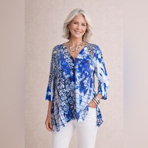 Cubism Womens Cardigan Sz M Indigo Blue Shibori Sublimation Lace Knit Artsy Boho